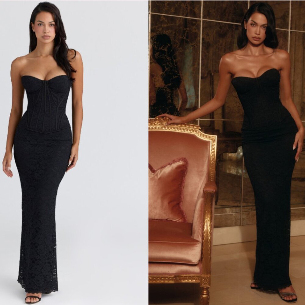 House of CB Solaine Black Lace Corset Maxi Dress NWT